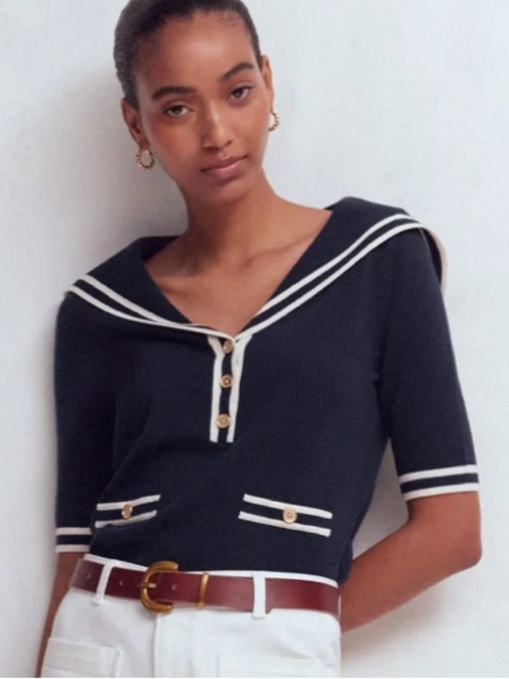 Boden Sailor Collar Sweater Navy Cotton Wool Nautical Size L